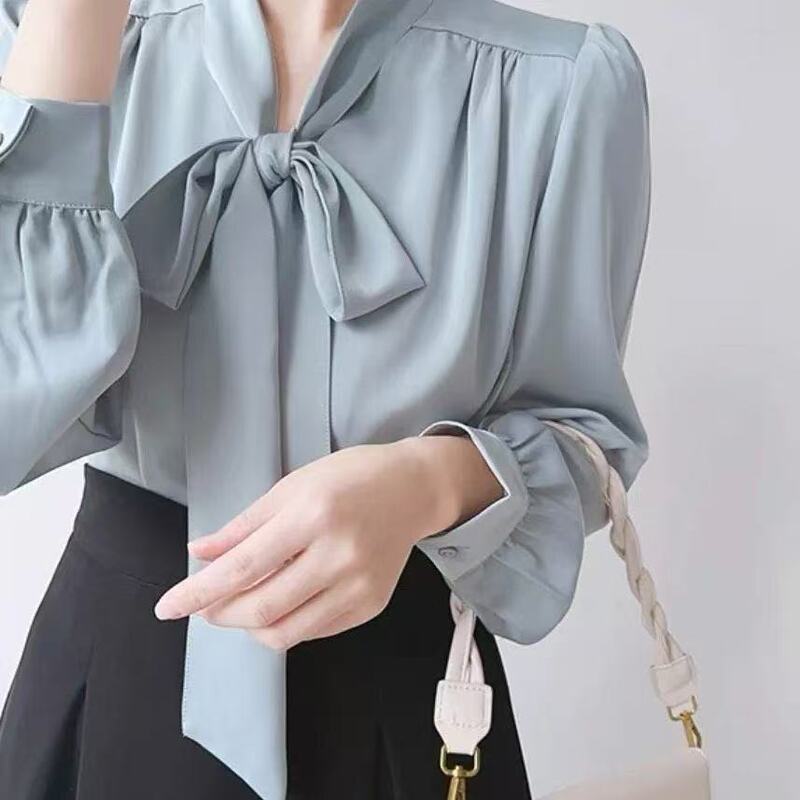 Early Autumn New White Satin Silk Shirt with Bow, Women's Designer Niche French Ribbon Shirt for Professional Wear