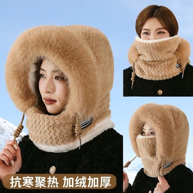 Plush hat scarf all-in-one women's winter hooded neck scarf mask three-piece set cycling Northeast cold-proof pullover hat