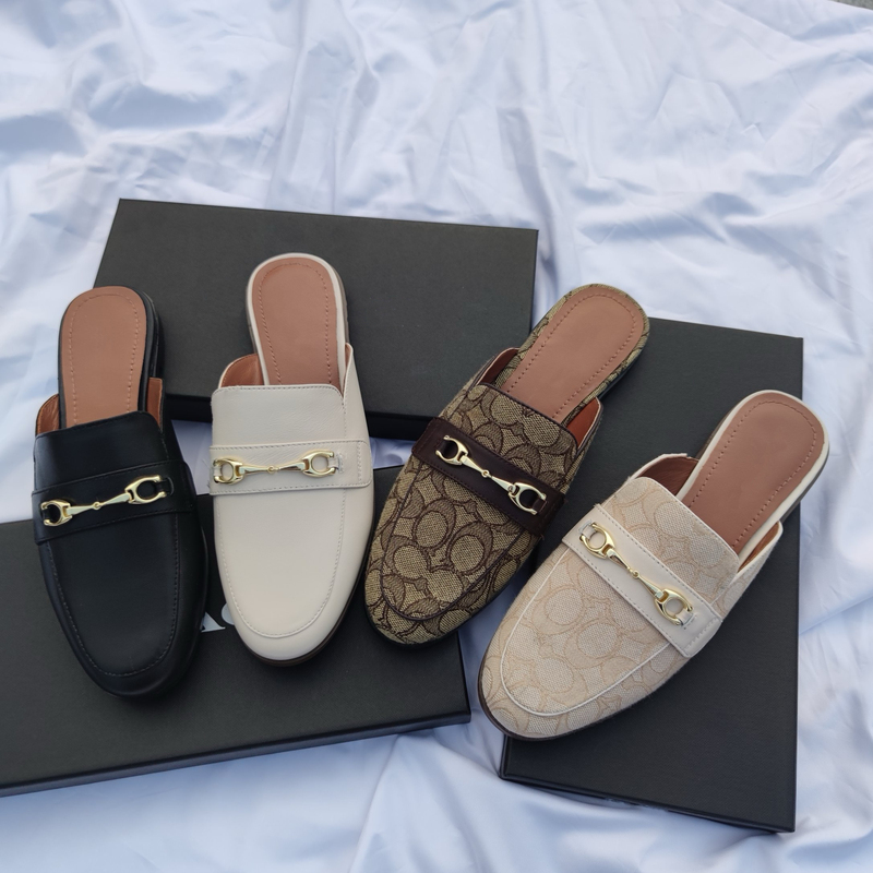 Wanxiang-Made Export Lazy Slippers with Genuine Leather Closed Toe and Horsebit Buckle, Casual Flat Mules, Comfortable Round-Toe Half Slippers for Women