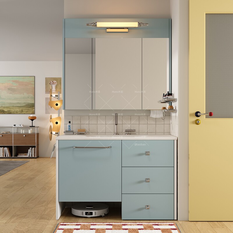 Bauhaus-Style Floor-Standing Bathroom Cabinet Set with Sea Salt Finish, Travertine Stone Slab, Hot-Bent Integrated Basin, Lacquered Bathroom Cabinet, Washbasin