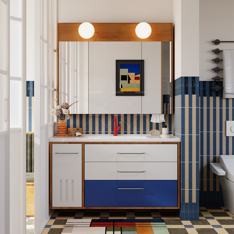 Bauhaus Retro Storage Pull-Out Basket Bathroom Cabinet Rubber Wood Lacquered Ceramic Integrated Basin Large Storage Drawer Washstand
