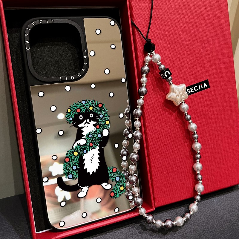 Magsafe Magnetic Christmas Black and White Kitten Phone Case Suitable for iPhone 18/17, 16 Pro Max, Apple 15 Pro Mirror, 14 Plus Protective Cover, 13/12 Cartoon Japanese and Korean Style Cute Air