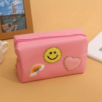 PU Embroidery Letter Smiling Face Makeup Bag for Men and Women