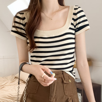 Striped short top design niche 2024 new summer sweet slim fit inner right shoulder short-sleeved T-shirt for women