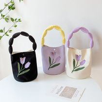 New style small tote bag for office workers cute hand-painted canvas bag cotton-filled portable bucket bag cartoon