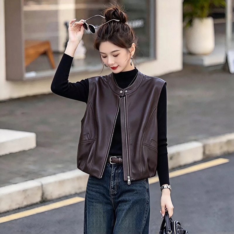Fashionable Stand-Collar Leather Vest for Women, New Autumn Style, Stylish Biker Jacket, Super Popular This Year, Slimming Outfit Top