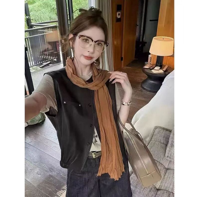 Korean Style Spring and Autumn New Leather Vest for Women 2026 New Loose Fit Slimming Versatile Sleeveless Pu Leather Vest Trendy with Scarf Korean Style Spring and Autumn New Leather Vest for Women 2026 New Loose Fit Slimming Versatile Sleeveless Pu Leather Vest Trendy with Scarf