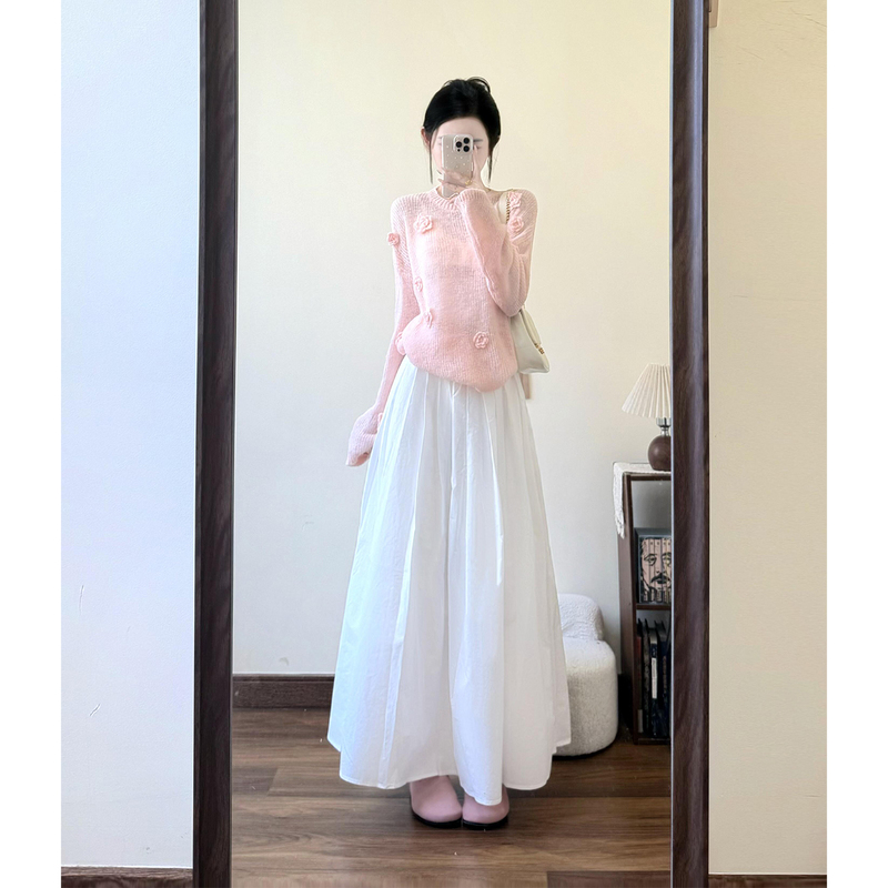 Miu Miu Style Outfit, Spring Korean Style Outfit, a Complete Set of a Rich Girl's Pink Knit Sweater and Skirt Two-Piece Set