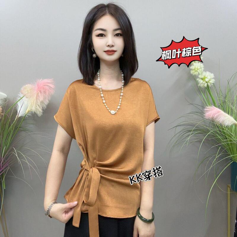 2026 Summer New Fashion Design Ribbon Round Neck Short-Sleeved Shirt That Covers the Flesh and Looks Slimming, Women's Stylish Blouse
