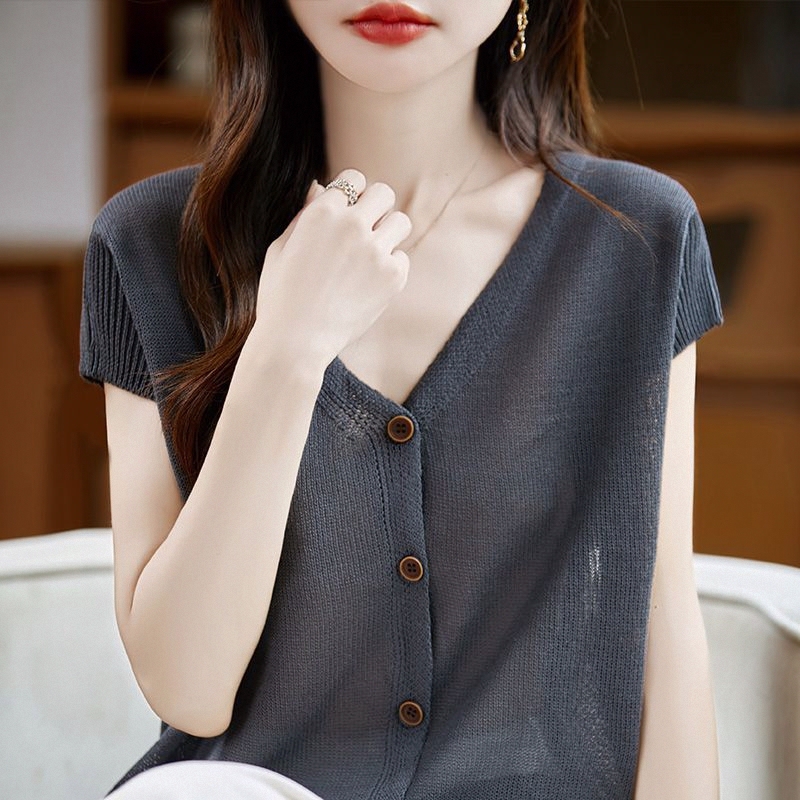 2026 Fashionable Knitted Versatile Pearl Linen V-Neck Short-Sleeve Cardigan T-Shirt New Versatile Loose Slimming Top for Summer