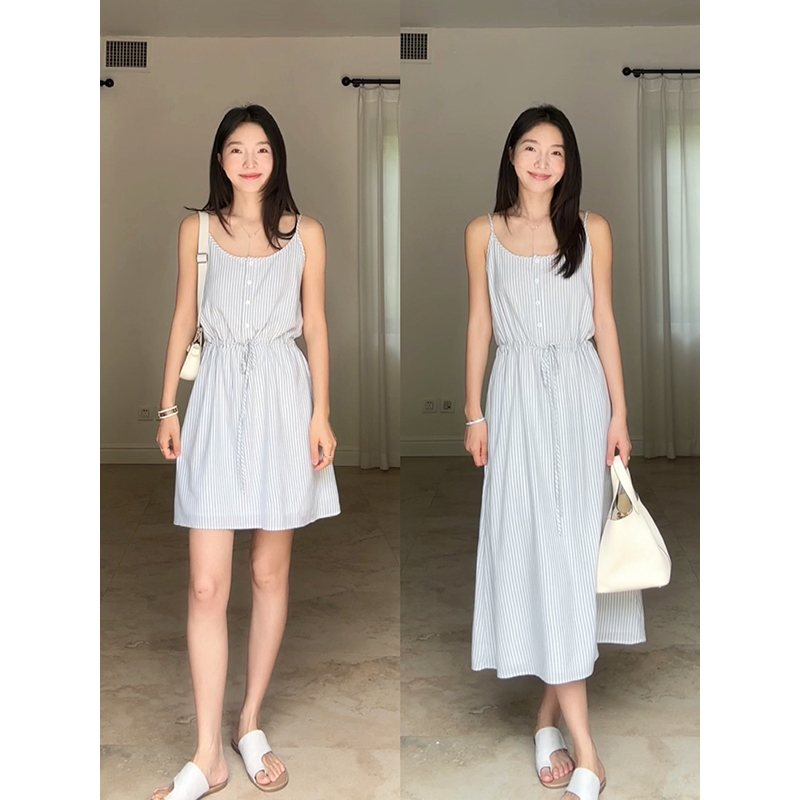 Guo Jiujiu's Refreshing Summer Striped Camisole Drawstring Waist Short Dress with a Lazy Style and Versatile Cardigan Jacket