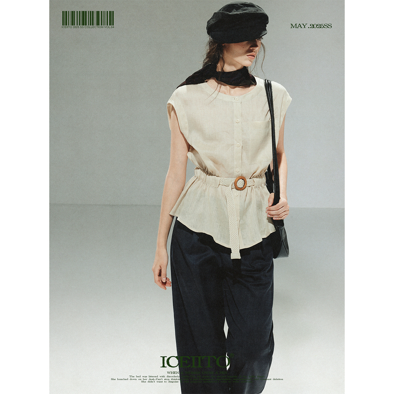 Iceiito*The Elegance of the Hedgehog*100% Linen Light Beige Top with Waist Tie, Sleeveless Commuting Shirt
