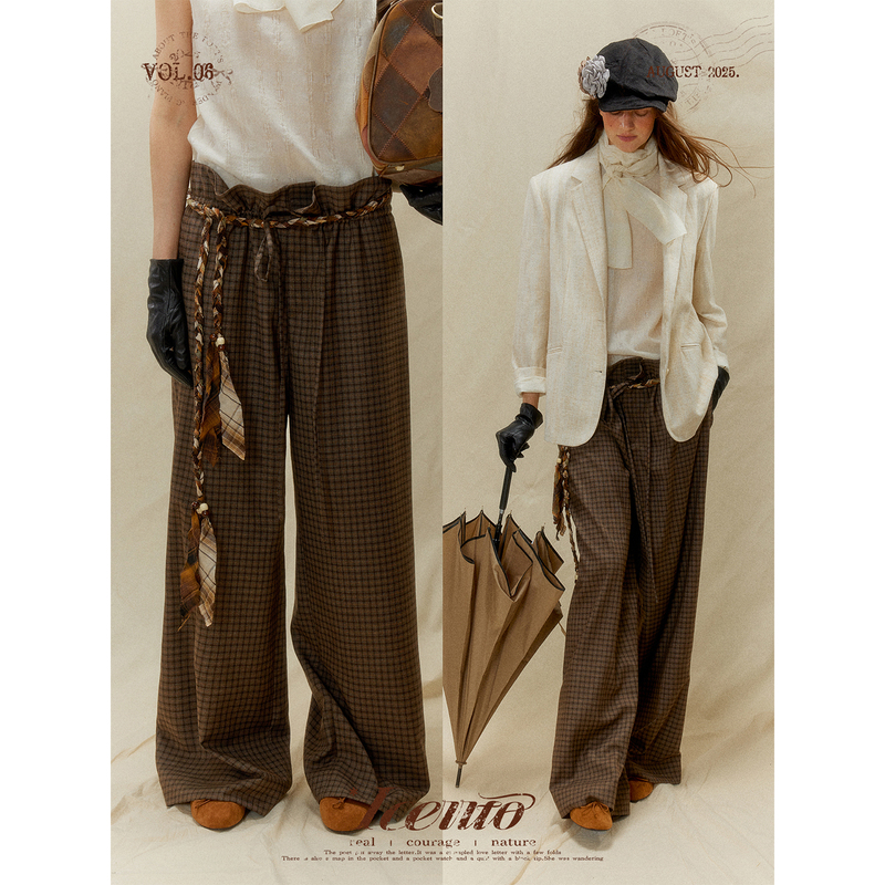 [Clearance Sale] Iceiito*Between the Lines*Brown Vintage Plaid Wide-Leg Suit Casual Pants