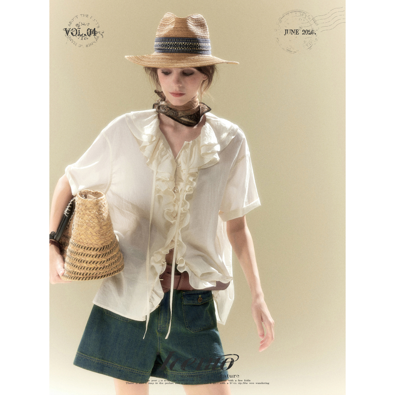 Iceiito*Agave* White High-Thread-Count Soft, Delicate, Skin-Friendly, Breathable Ruffled Petal Collar Vacation Shirt Iceiito*Agave* White High-Thread-Count Soft, Delicate, Skin-Friendly, Breathable Ruffled Petal Collar Vacation Shirt