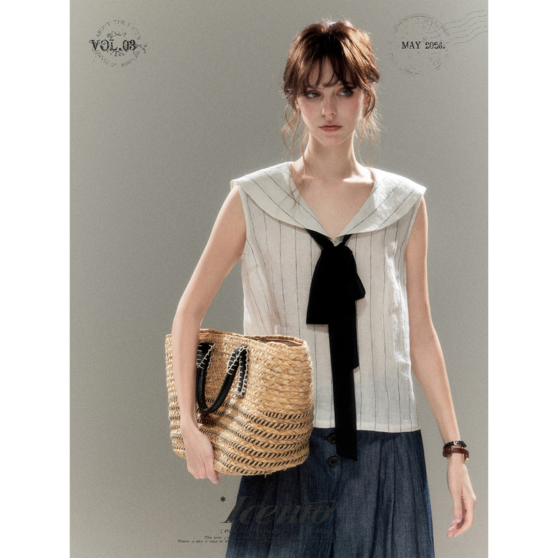 Iceiito* Nautical Calendar* Vintage Elegant Style 100% Linen Blue Striped Navy Collar Sleeveless Shirt