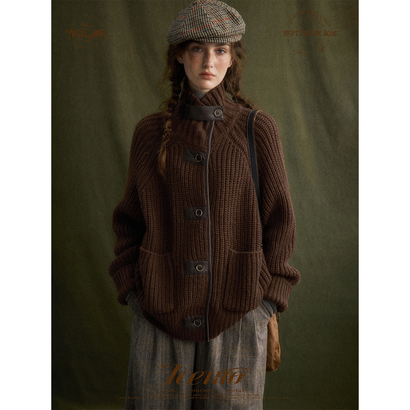 Iceiito*Unfinished Portrait* Brown Chunky Knit with Leather Trim Loose Fit Vintage Coat Sweater for Women