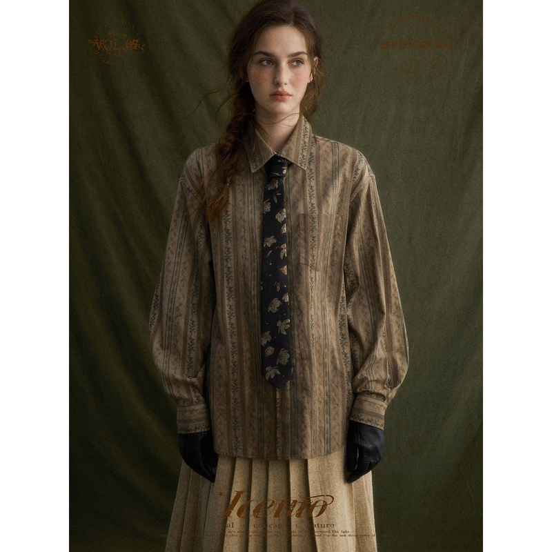 Iceiito*They Arrived in Baghdad* Brown-Green Vintage Washed Embroidered Spring and Autumn Classic Loose Shirt