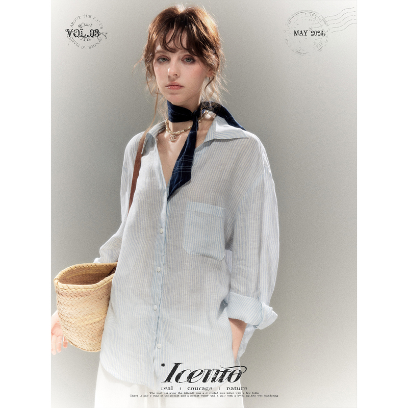Iceiito*Greenwich Hour Angle* Retro Literary Style 100% Linen Blue Striped Long-Sleeved Shirt Iceiito*Greenwich Hour Angle* Retro Literary Style 100% Linen Blue Striped Long-Sleeved Shirt