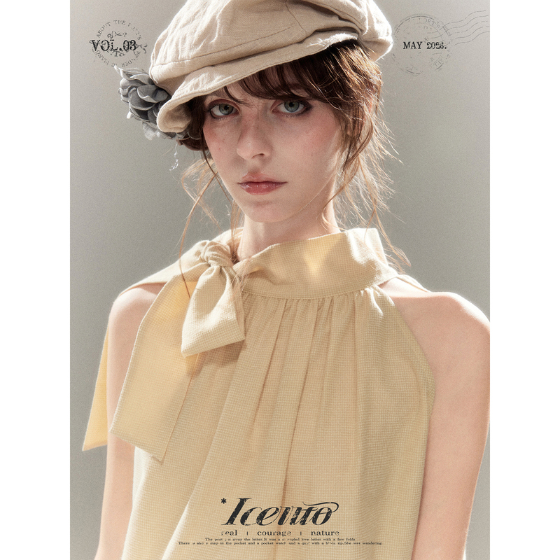 Iceiito*Polaris*Romantic Retro Style Yellow Fine Plaid Pleated Halter Neck Strapless Sleeveless Shirt Iceiito*Polaris*Romantic Retro Style Yellow Fine Plaid Pleated Halter Neck Strapless Sleeveless Shirt
