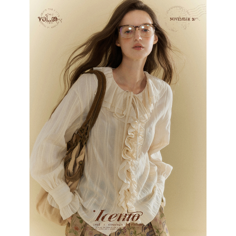 Iceiito* Platycodon* Heavy-Duty Multi-Layered Lace Collar French Retro Style White Long-Sleeved Shirt