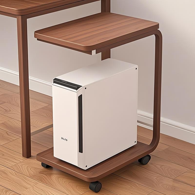 Host rack next to desk floor with wheels desktop computer case storage bracket printer organization base