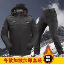 Outdoor autumn and winter duty fleece jacket and pants suit cold and warm tactical black soft shell windproof tactical jacket
