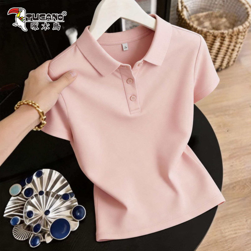 Woodpecker Ice Silk Short Sleeve T-Shirt for Women Summer 2026 New Style Turn-Down Collar Polo Shirt Loose Versatile Slimming Top Women's T-Shirt