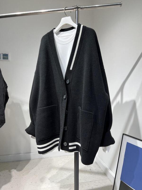 Extra Large Size 150kg Color-Blocked Loose V Neck Knitted Cardigan Sweater Jacket for Men and Women in Autumn and Winter Loose and Lazy Style Knitwear