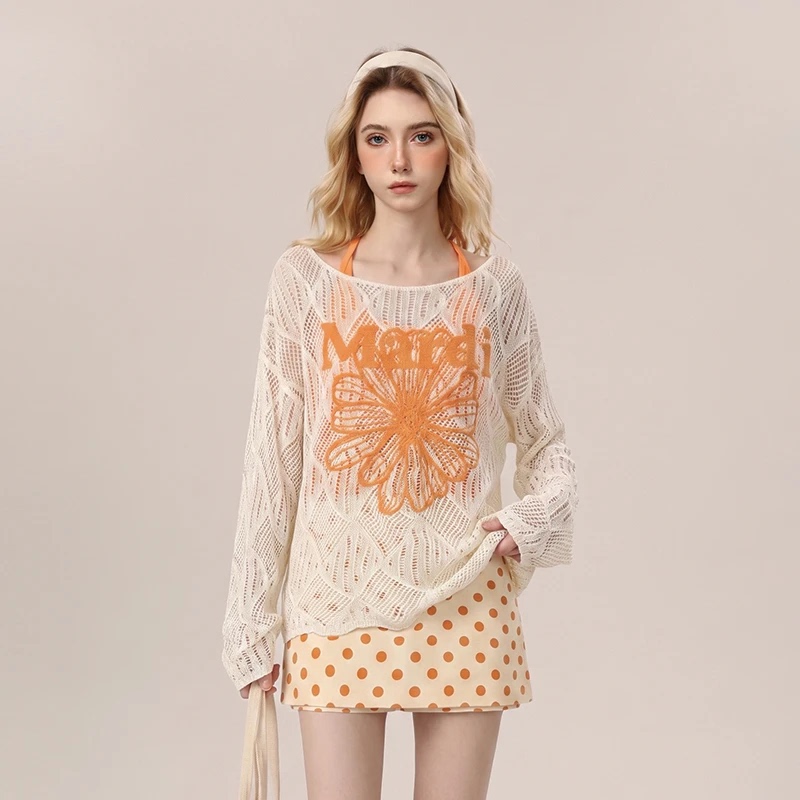 Mardi Korean Classic Daisy Lazy Style Hollow Knit Cover-Up 26 Spring/Summer New Sun Protection Long-Sleeve Top