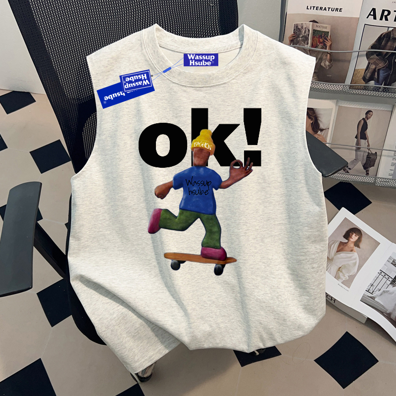 Wassup Pure Cotton Sleeveless Sports T-Shirt for Men, New Summer Style, Trendy Brand, Niche Cartoon Print Tank Top for Men