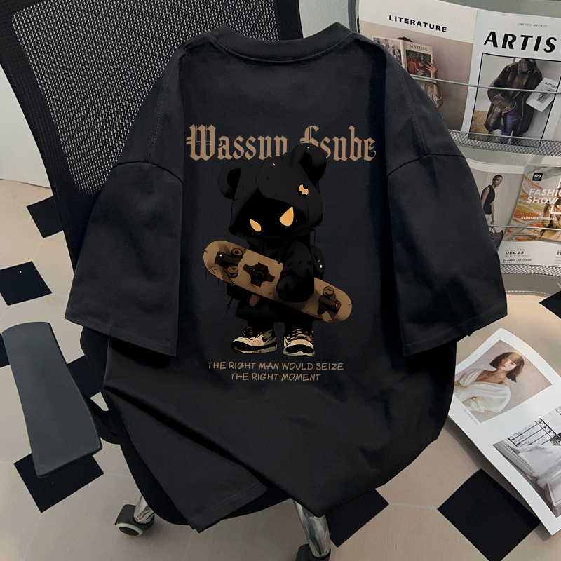 Wassup Hsube Cartoon Trendy Brand Heavyweight Pure Cotton Short-Sleeved T-Shirt for Men and Women, Summer Top, Loose Round Neck Half-Sleeve