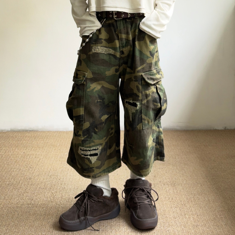Outcast American Retro Street Style Patchwork Ripped Camouflage Cropped Pants Unisex Opium Style Joshua Shorts