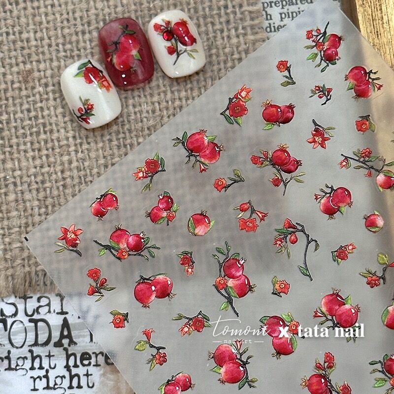 Pomegranate Branch Has a Beautiful Meaning of Prosperity and Fertility, 3D Nail Stickers, Tomoni Jelly, Chinese Style Retro Nail Stickers