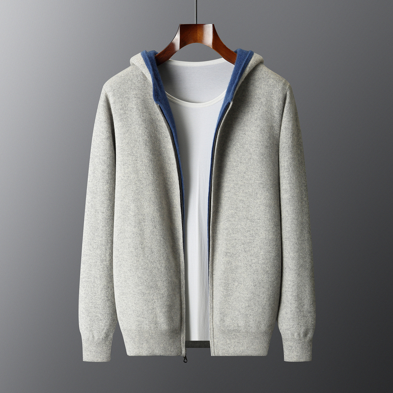 100% Pure Wool Men's Reversible Hooded Zip-Up Cardigan Thickened Coat with Shirt Collar Cashmere Knit Jacket