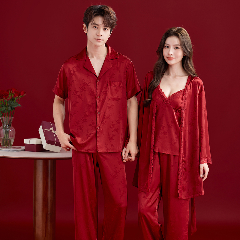 Red Wedding Pajamas for Newlyweds, Three-Piece Ice Silk Dressing Gown Set for the Groom and Bride, 2026 New Wedding Style