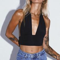 Hanging Neck Solid V-Neck Open Back Top Halter Solid V-Neck Open Back Top