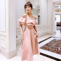 Real shot of Thai sexy off-shoulder one-shoulder waist pink French dress with design sense 8731