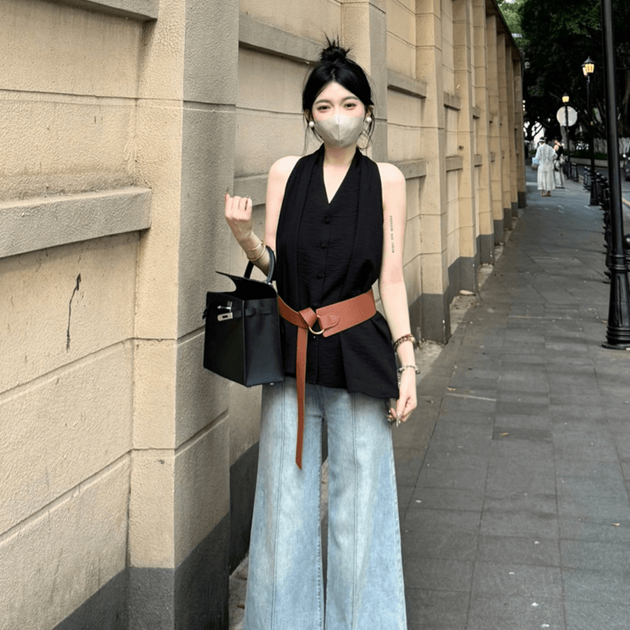 フレンチスタイルのホルターネックVネックノースリーブシングルブレストシャツ、夏の新作、ゆったりスリムなオフショルダートップス、レディース