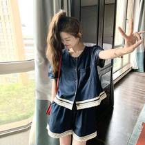 Designed lace splicing denim shirt shorts two-piece set summer new small fashion denim suit for women