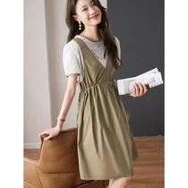 2024 High Waist Fake Two Piece Dress 2024 Summer Womens French Stitching Casual Niche Skirt for Little People
