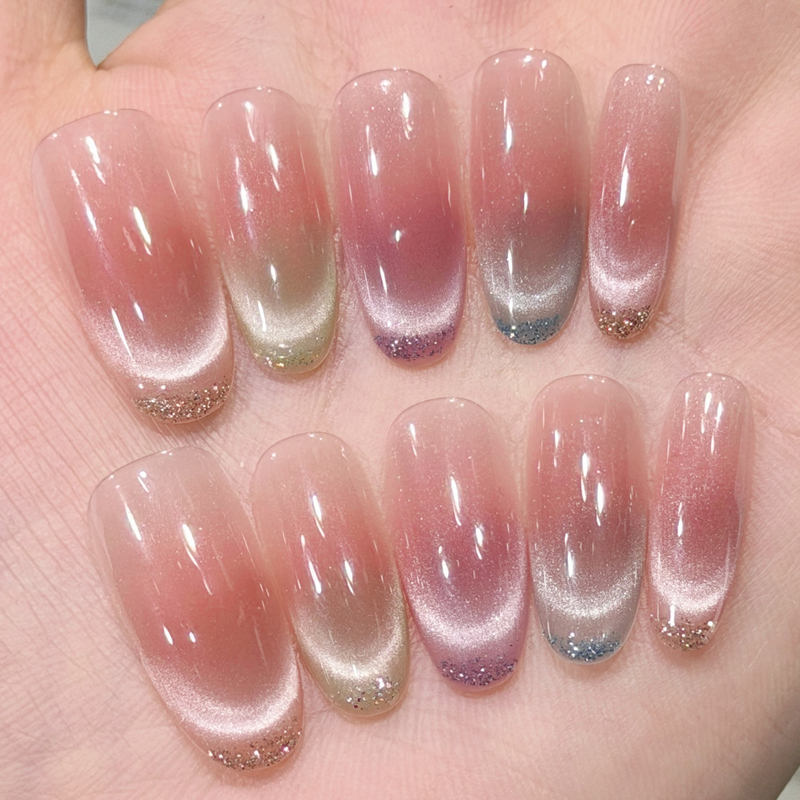 2026 Stunningly Beautiful Wearable Nails in Nude Color with Cat-Eye Effect, Long Handmade Nail Stickers, Unique and Exquisite for Brides to Take Wedding Photos