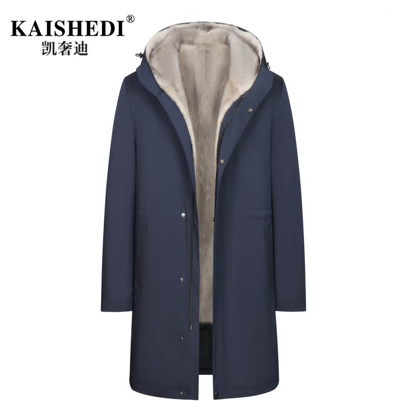 Imported Mink Fur Coat for Men, Mid-Length Parka Style, Hooded, with Mink Lining, Silver Blue Whole Mink Fur Jacket