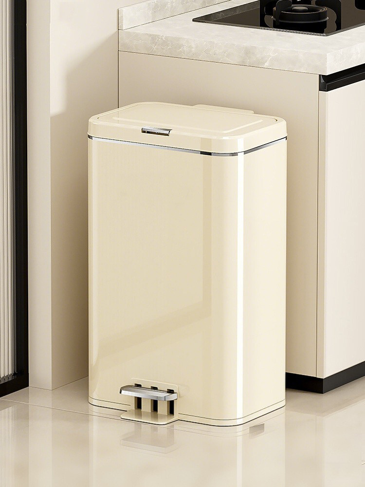 Cream-Colored Trash Can for Home Use in Living Room, Bedroom, Bathroom, Toilet, Hand-Press and Foot-Pedal Type, Large Capacity, with Lid