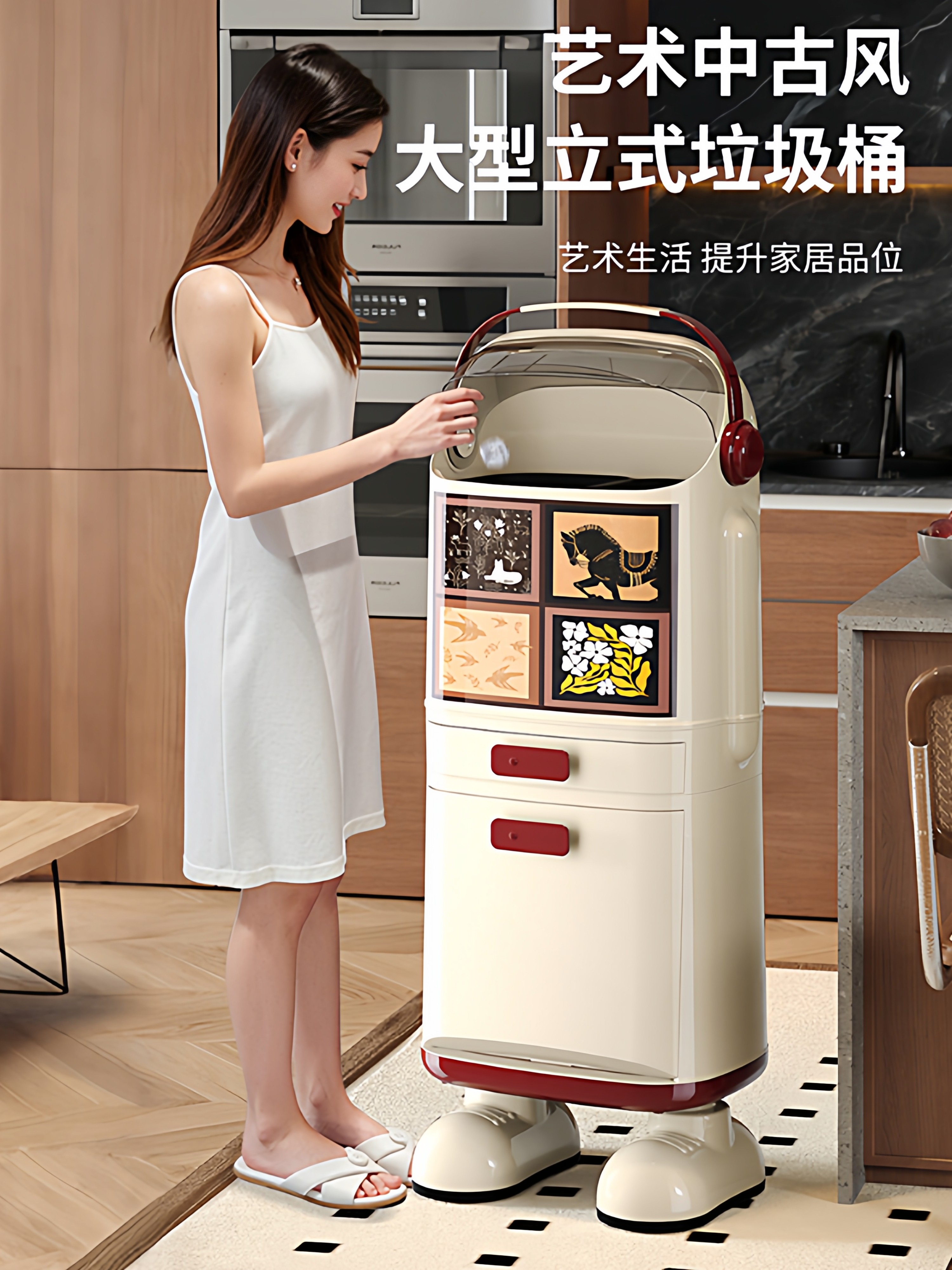 Large Kitchen Trash Can for Home Use with Lid, Double-Layer Integrated, Odor-Proof, Double-Layer Separation for Dry and Wet Waste, Vintage Style