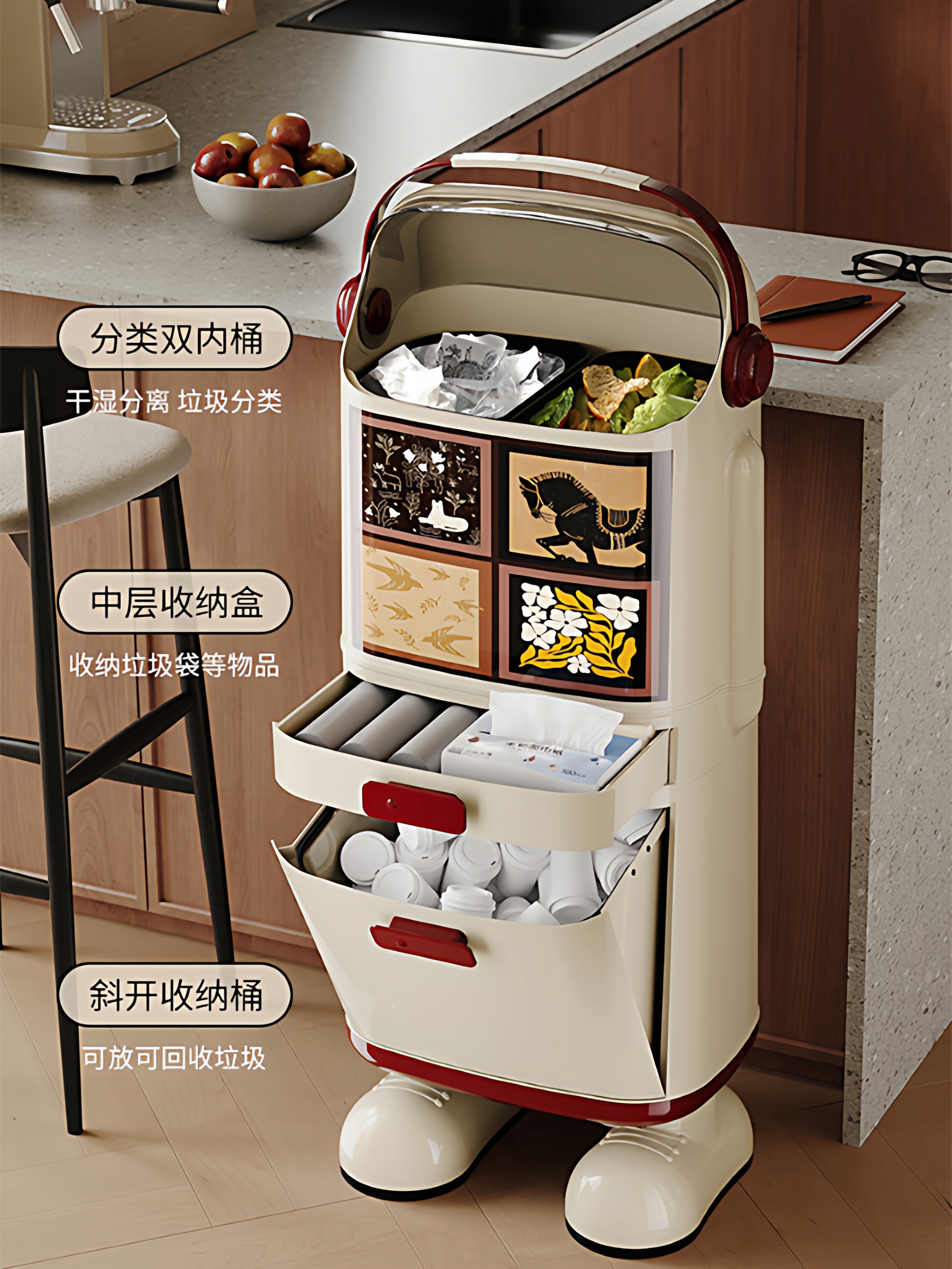 Large Kitchen Trash Can for Home Use with Lid, Double-Layer Integrated, Odor-Proof, Double-Layer Separation for Dry and Wet Waste, Vintage Style