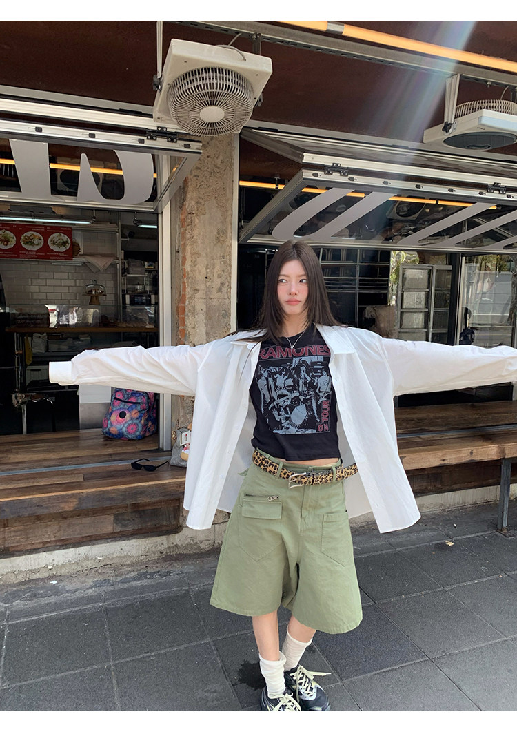 牙套大汪 【Ретро возвращение】 Американский ретро стиль рок контрастная печать прямые плечи приталенная футболка