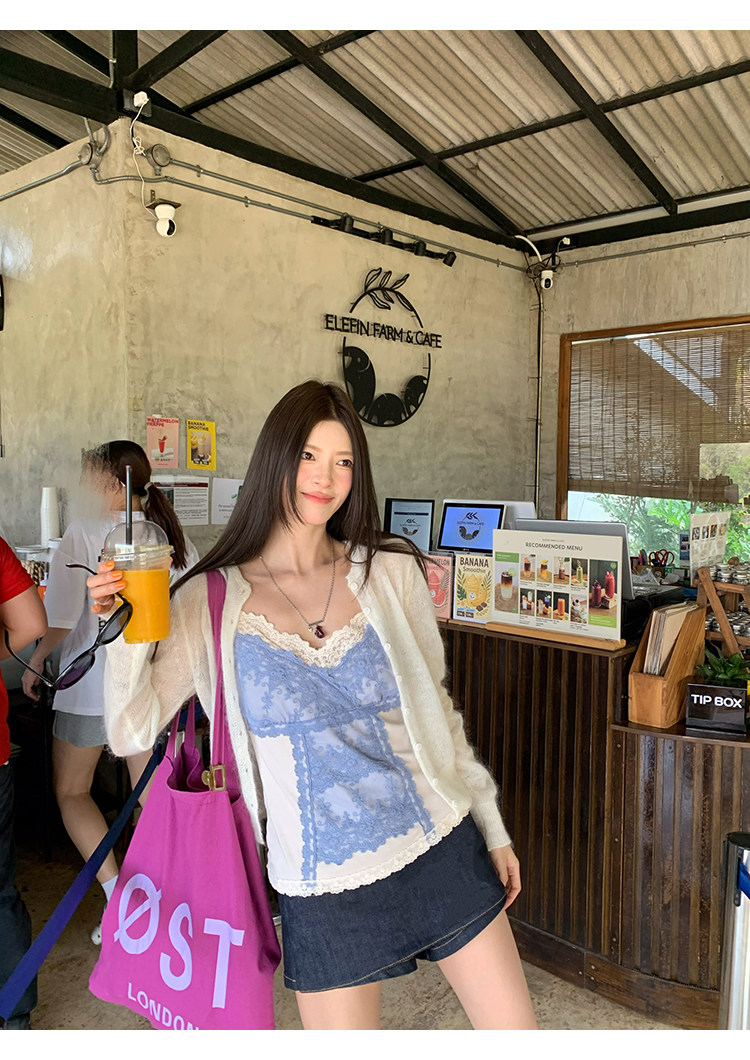 Французский кружевной топ на бретелях с контрастной отделкой