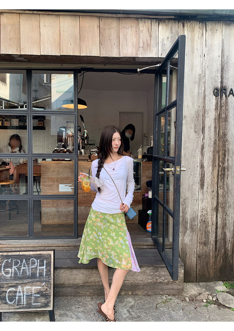 牙套大汪 [Зеленые цветы] Юбка-миди с цветочным принтом в стиле масляной живописи с контрастными цветами