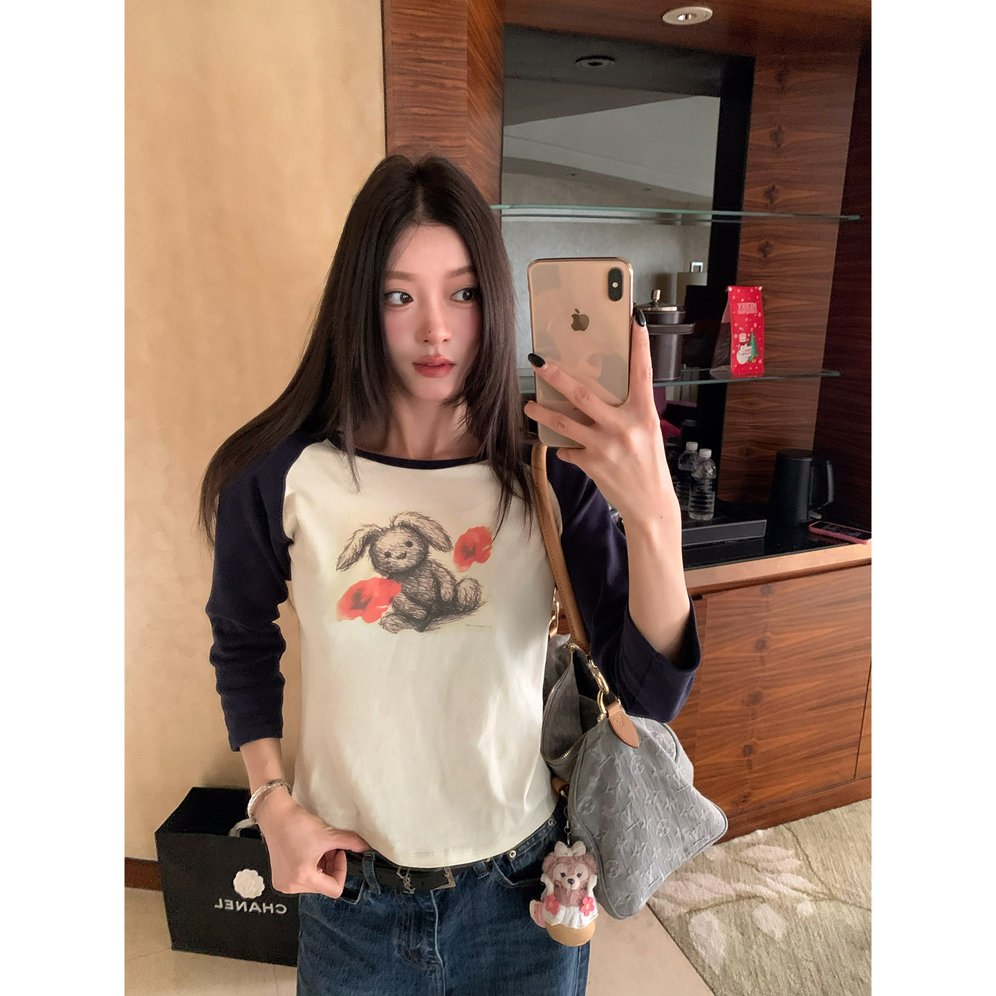 牙套大汪【潦草兔兔】удобная футболка с реглановыми рукавами и принтом кролика