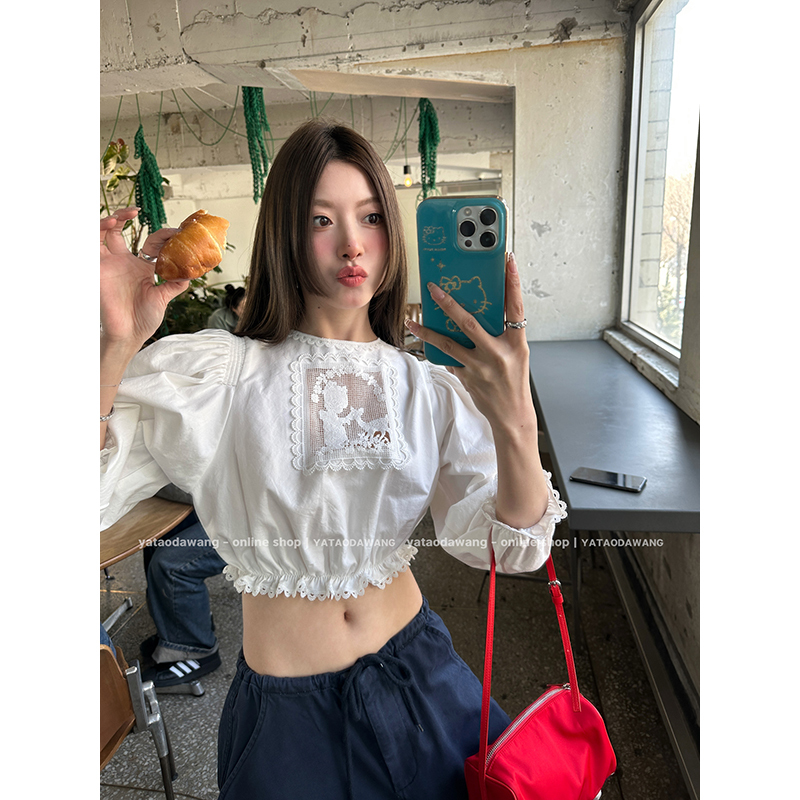 Braces Big Wang【Nini】Summer 2026 New White Five-Point Puff Sleeve Reversible Women's Shirt
